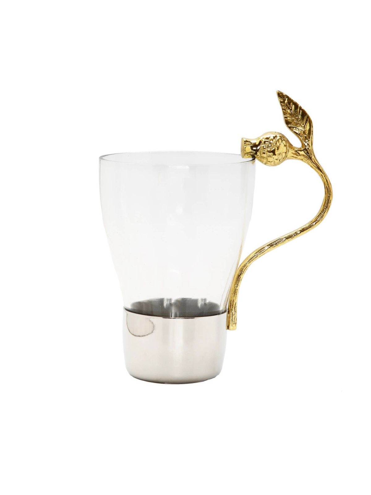 This Beautiful Silver Base Glass Mug Was Designed with An Elegant Gold Pomegranate Handle Available at KYA Home Decor