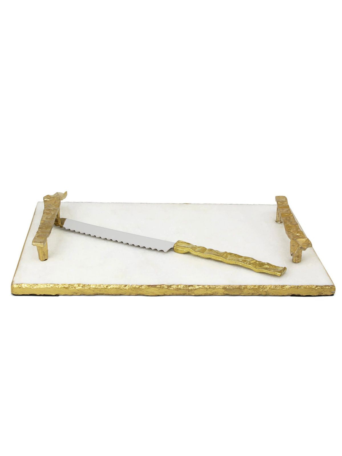 White Marble Tray with Gold Textured Handles and Gold Handle Knife, 15w x 10L.