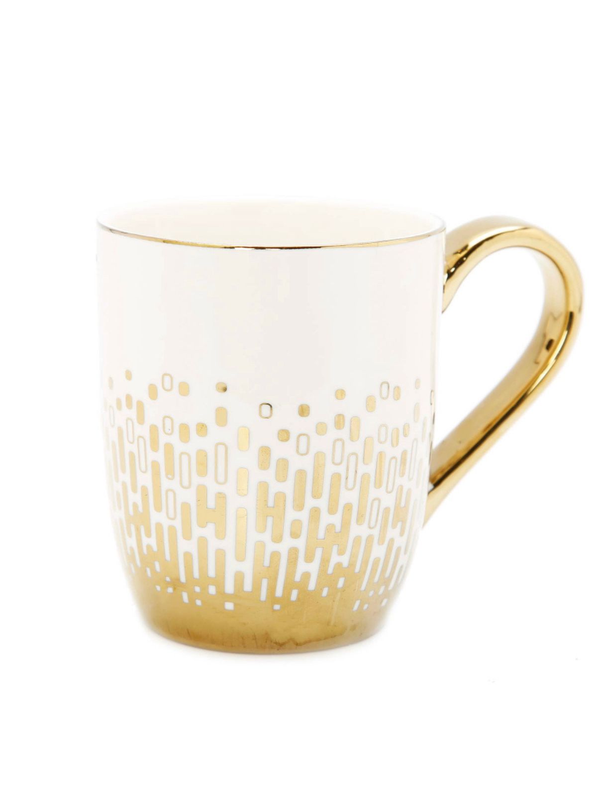 This white and gold design mug with a ceramic lid has a timeless look and is sure to elevate your coffee station!