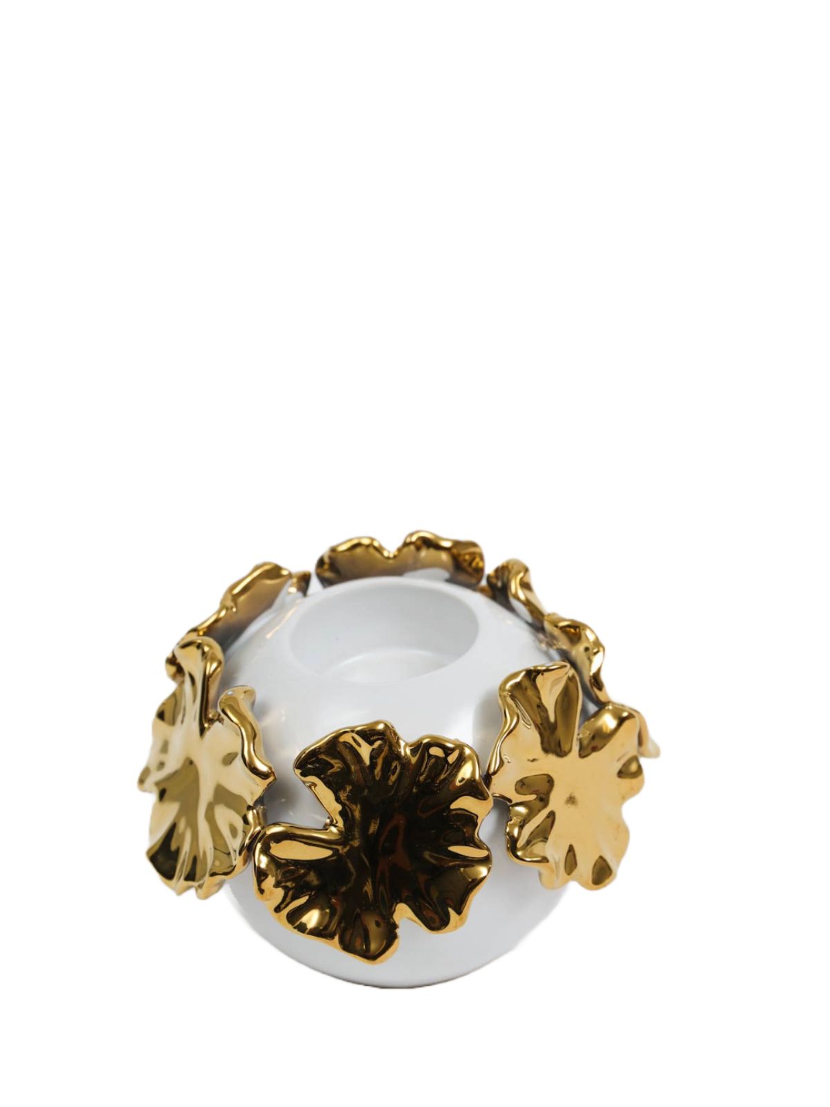 6 inch White Ceramic Tea Light Holders with Cascading Gold Floral Details, Sold by KYA Home Decor.