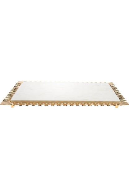Luxurious Large White Marble Tray with Stainless Steel Gold Ripple Edges. 
