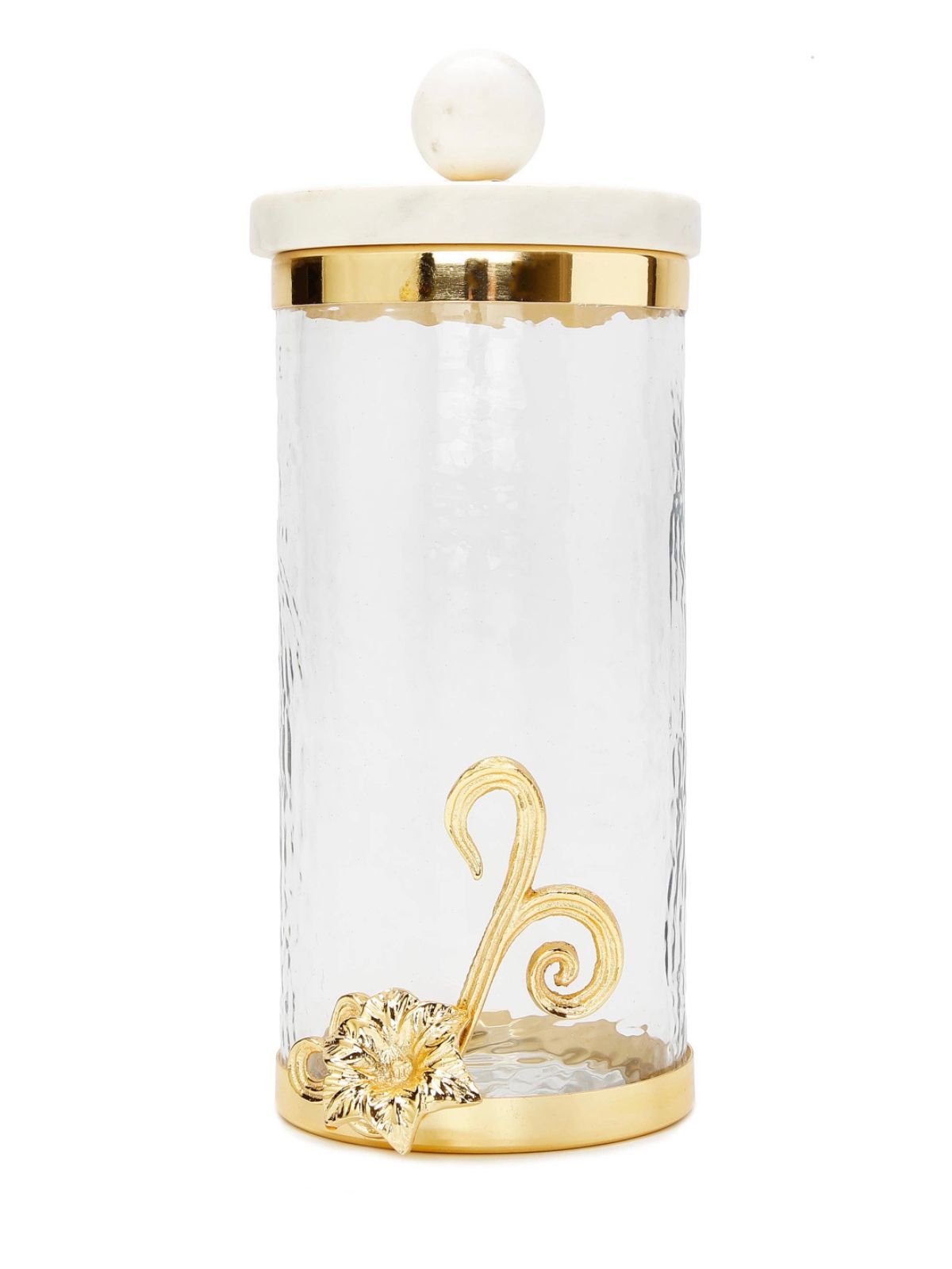10.5H Luxury Kitchen Glass Canister with Stunning Gold Flower Design and Marble Lid - KYA Home Decor.
