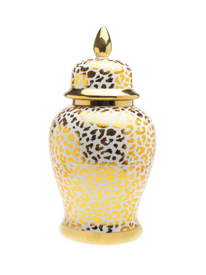 Leopard Print Porcelain Ginger Jar with an elegant gold-tone rim and base in Small Size