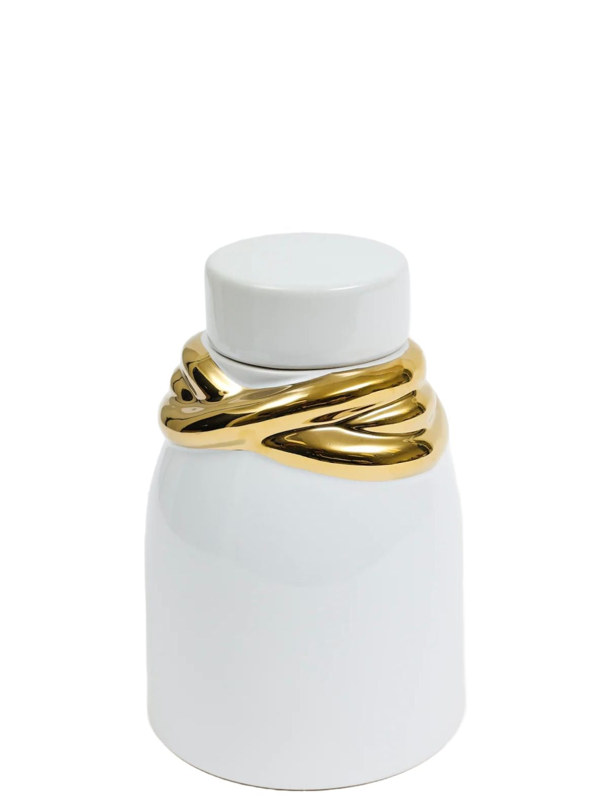 White Glossy Ceramic Lidded Jar with Stunning Gold Details, 6W x 9H.
