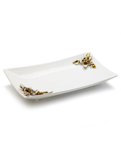 White Ceramic Tray with Stunning Gold Flower Design on Edges