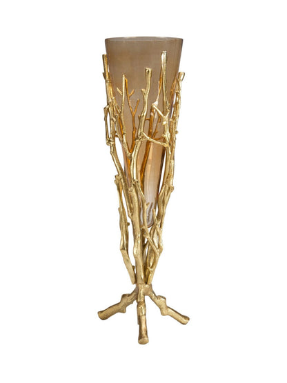 27H gold tree metal base with a glass vase insert, used as decorative centerpiece. Sold By KYA Home Decor