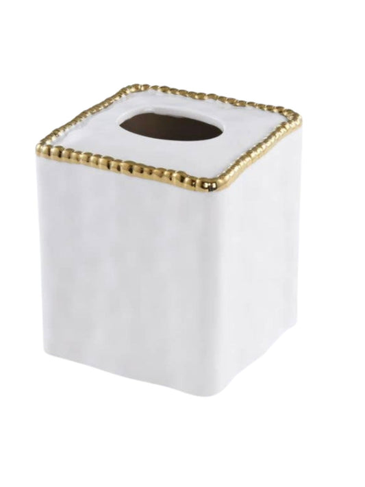 White Porcelain Square Tissue Box with Gold Beaded Edges.
