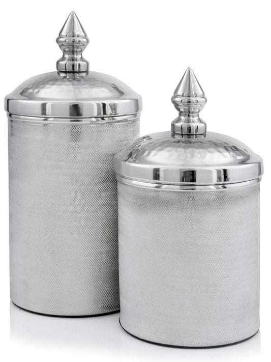 Set of 2 Silver Metal Decorative Canister with hammered mesh design and lid - KYA Home Decor.