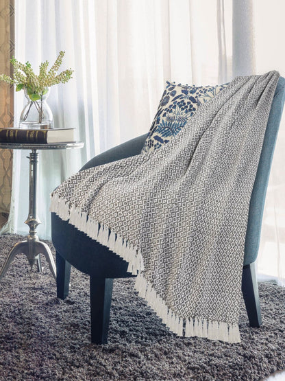 Gray and Ivory Diamond 100% Cotton Lightweight Decorative Throw Blanket with Fringe Sold by KYA Home Decor.