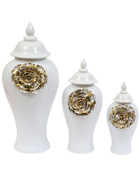 White Ceramic Ginger Jar with Large Gold Flower Detail and Lid. 3 Sizes Sold by KYA Home Decor.