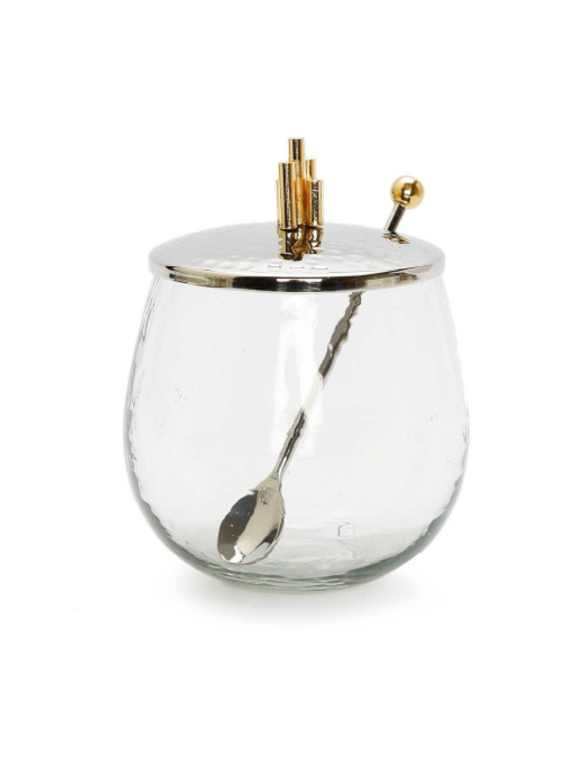 Glass Bowl With Stainless Steel Lid and Spoon with Gold Diamond Designed Knob - KYA Home Decor.