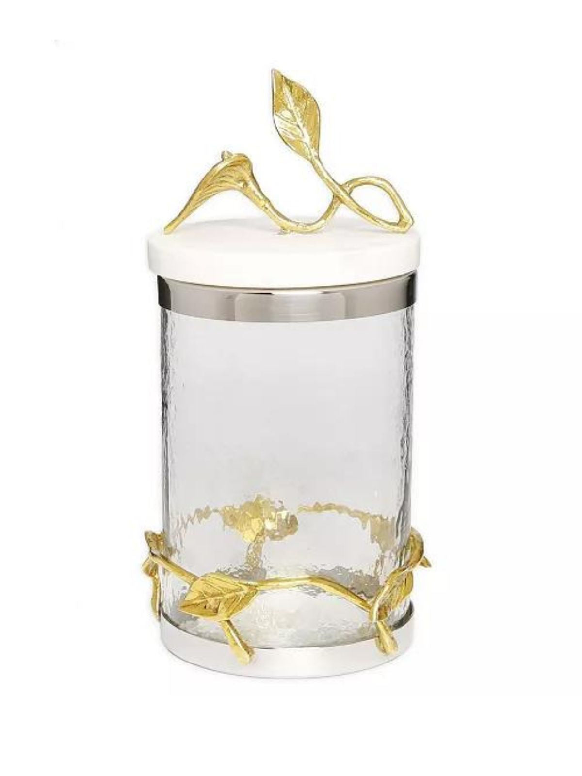 7H Luxury Glass Kitchen Canister With Gold Leaf Design and Marble Lid - KYA Home Decor.