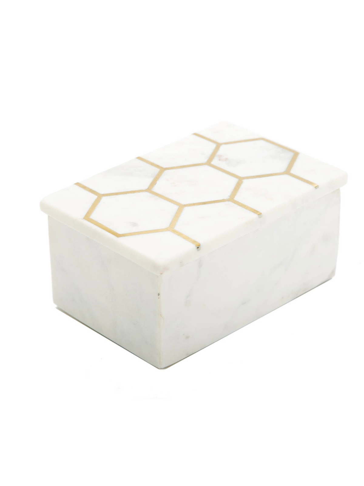 White Marble Decorative Box With Gold Hexagon Design On Cover Sold by KYA Home Decor.