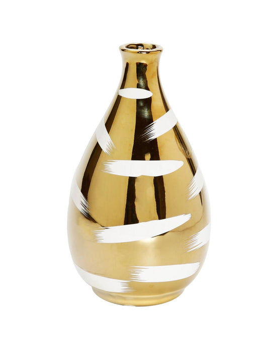 7H Gold Ceramic with Narrow Top Shape Decorative Vase with Luxury White Brushstroke Detail - KYA Home Decor