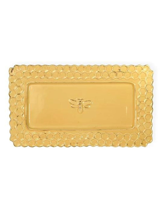 This tray is Beautifully embossed in a honeycomb and beer pattern. Its lightly distressed dark yellow adds bold color to your kitchen decor.   