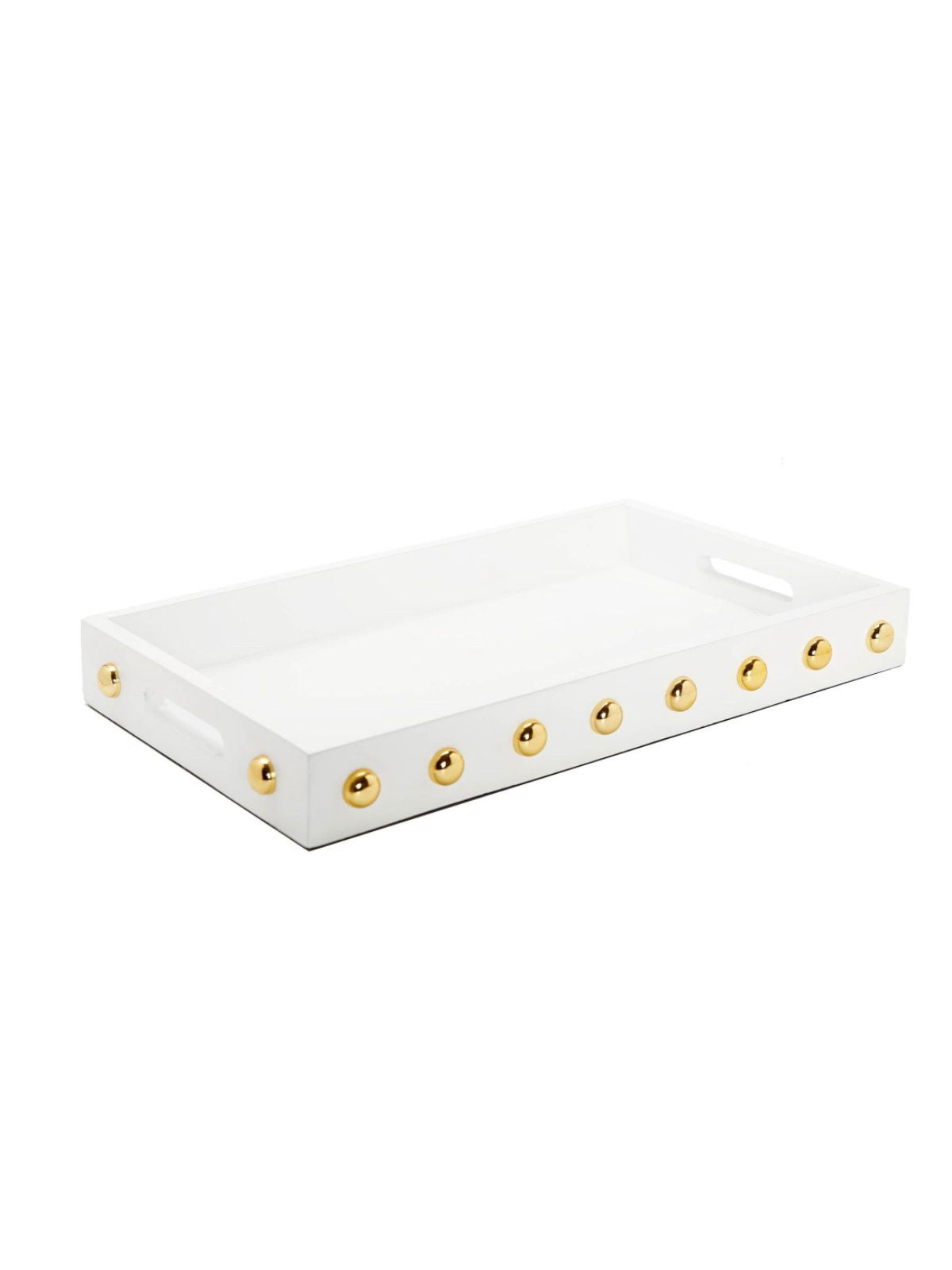 This stunning wooden tray with its shiny gold studs is a statement maker. Available in 3 colors to blend with any home décor style! Measures 16L Sold at KYA Home Decor