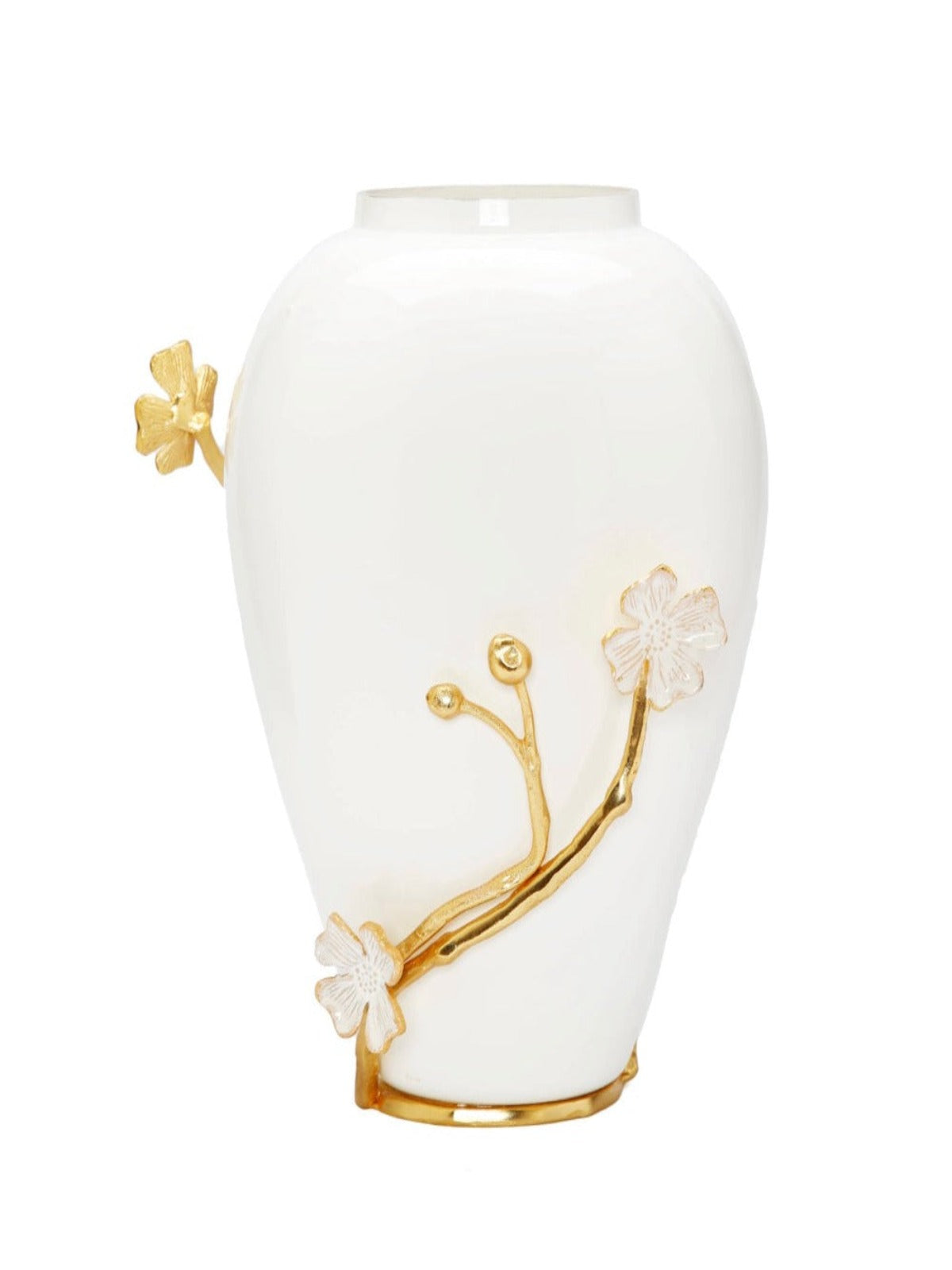 11H Cherry Blossom White Porcelain Vase with Luxurious Gold Branches - KYA Home Decor