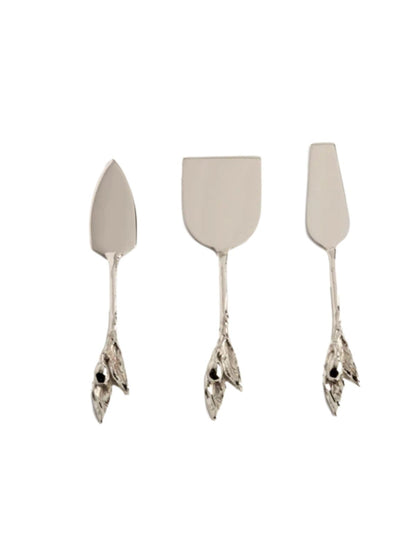 These cheese serving knives have a beautiful olive branch detail on the handle. 3 different knives make up this versatile set to place on each corner of the serving tray along with the cheeses and hors d'oeuvres at your next get together. Sold by KYA Home Decor