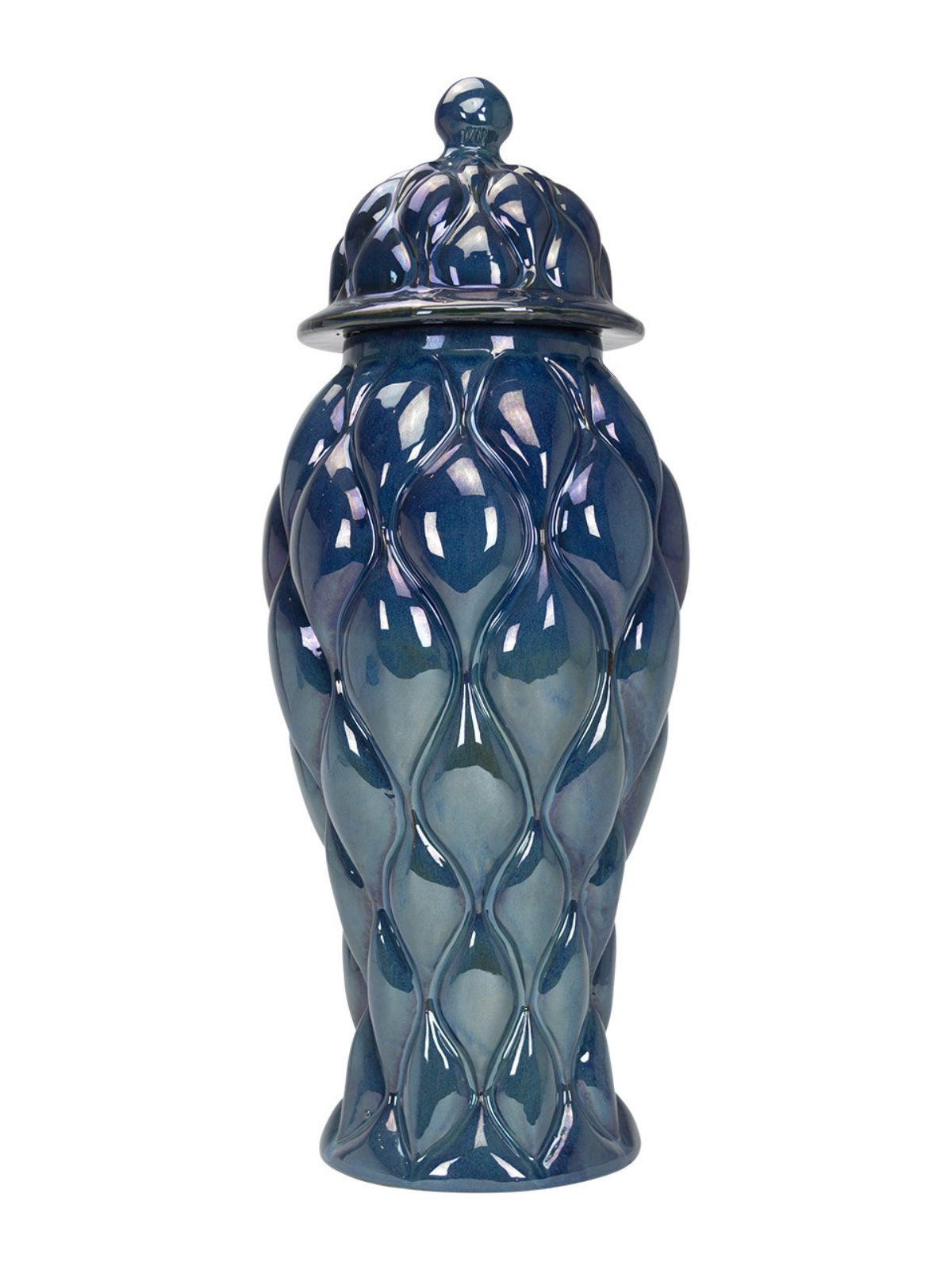 Sapphire Blue Ceramic Ginger Jar with Quilt Pattern And Lid in Size Tall, Sold KYA Home Decor.