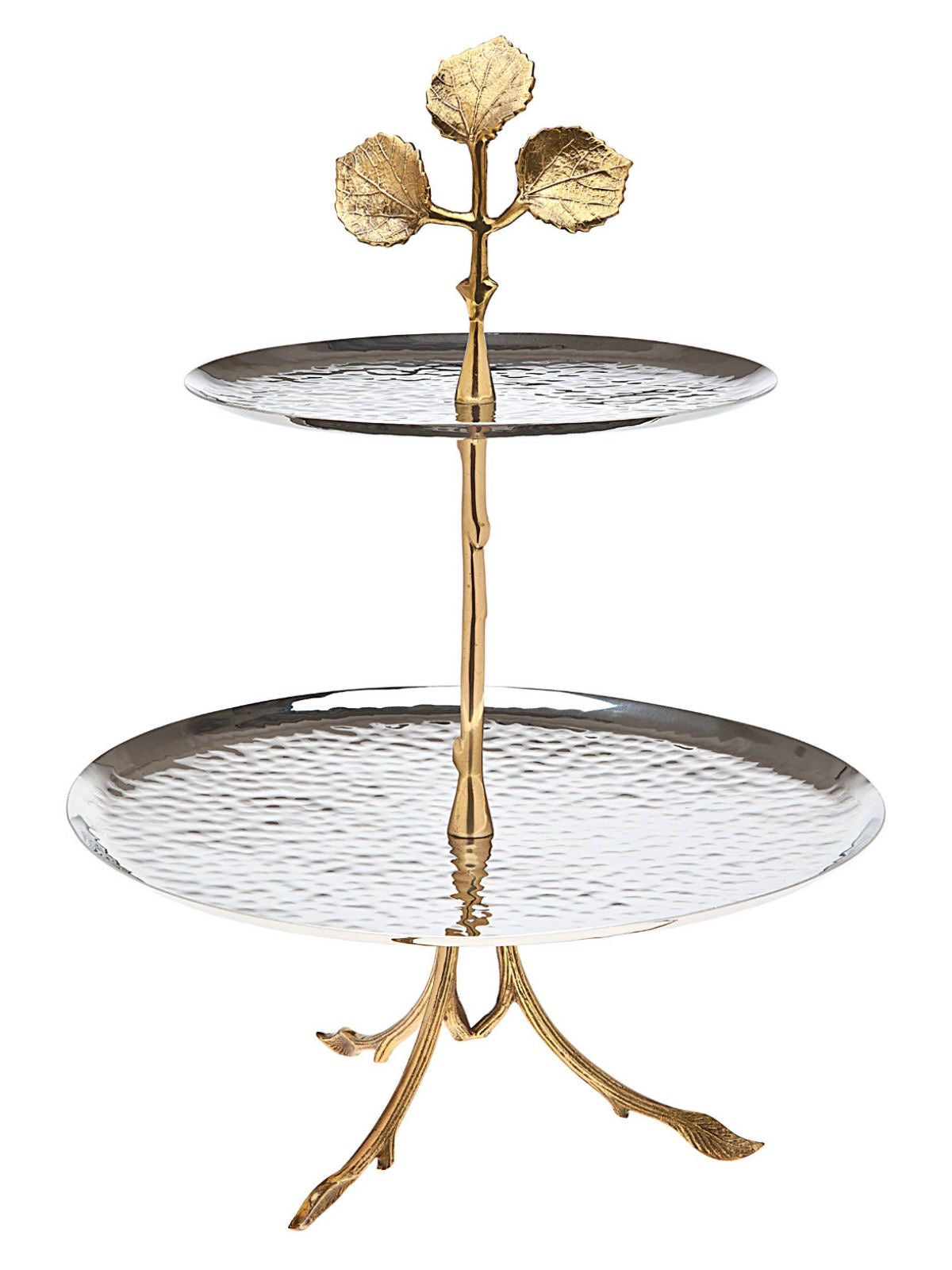 This breathtaking Stainless Steel 2 tier Server is beautifully designed with Brass thin bark-like stems and tipped with 3 dainty leaves! Each silverplated plate is hammered to give it the finishing touch of elegance.  