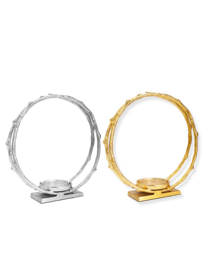 7.5 inch Round Circle Stainless Steel Hurricane Candle Holder with Double Hoop Design. Available in Gold and Silver. 