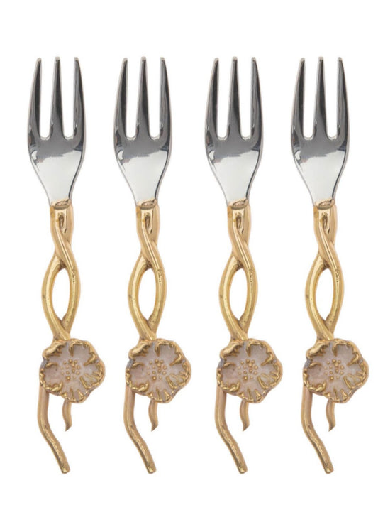 Stainless Steel Dessert Forks with Gold Flower Design, Set Of 4.