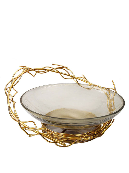 Centerpiece Glass Bowl with Luxury Gold Twig Design, 12.75L x 13W x 6H. Sold by KYA Home Decor.