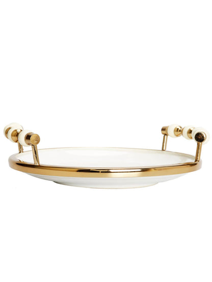 White and Gold Round Ceramic Tray with Beaded Design Handles, 11D.