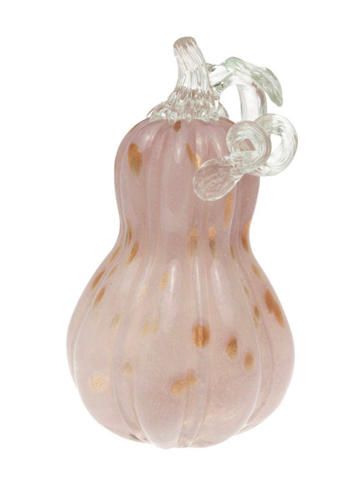 This Pink & Gold Glass Pumpkin is perfect for decorating your home during fall season! This hand-blown glass pumpkin features an abstract Pink and gold pattern with a curly clear stem.