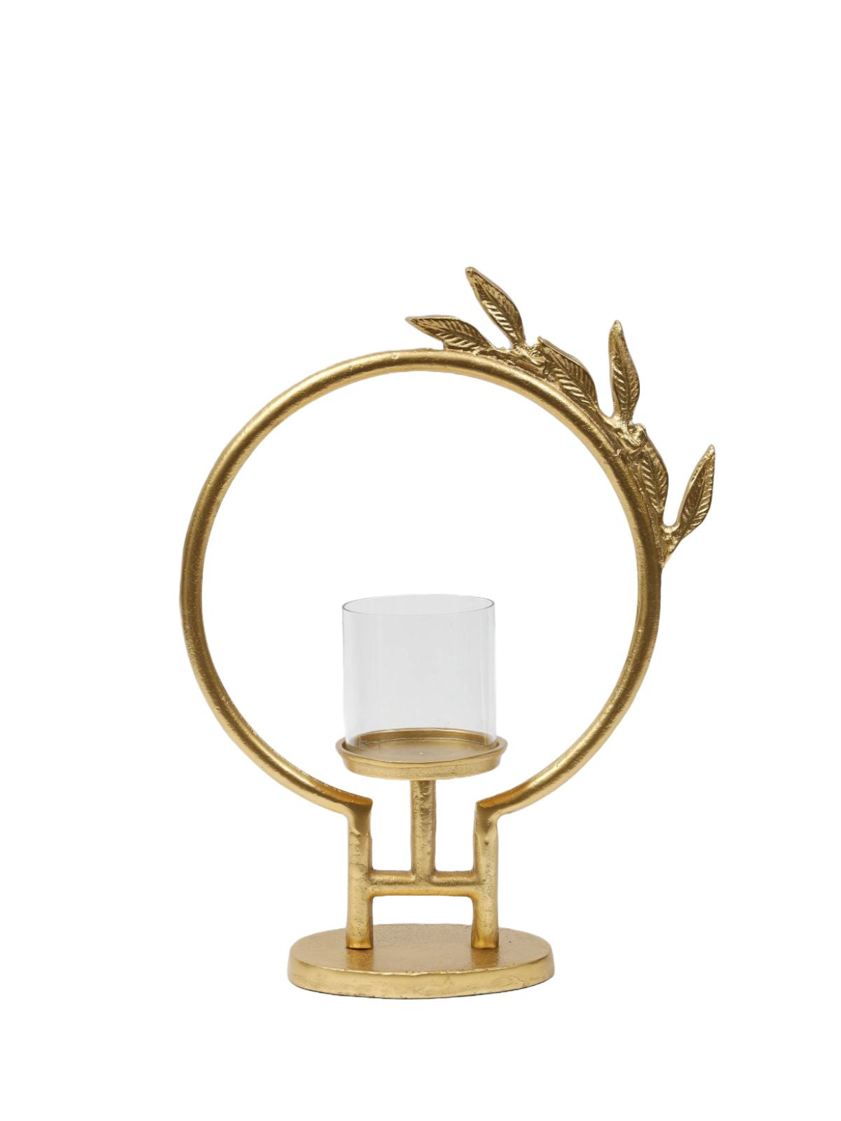 19 inch Gold Brass and Glass Circled Hurricane Candle Holder with Gold Leaf Design on Top.