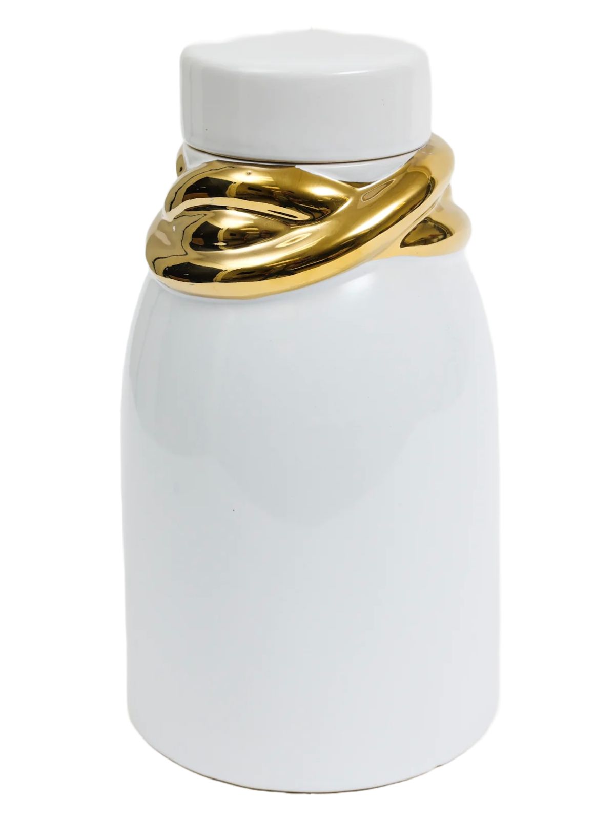 White Glossy Ceramic Lidded Jar with Stunning Gold Details, 7W x 12H.