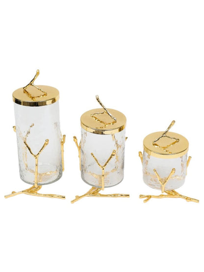 Luxury Kitchen Glass Canister With Gold Metal Branch Design Base and Lid, 3 Sizes - KYA Home Decor. 