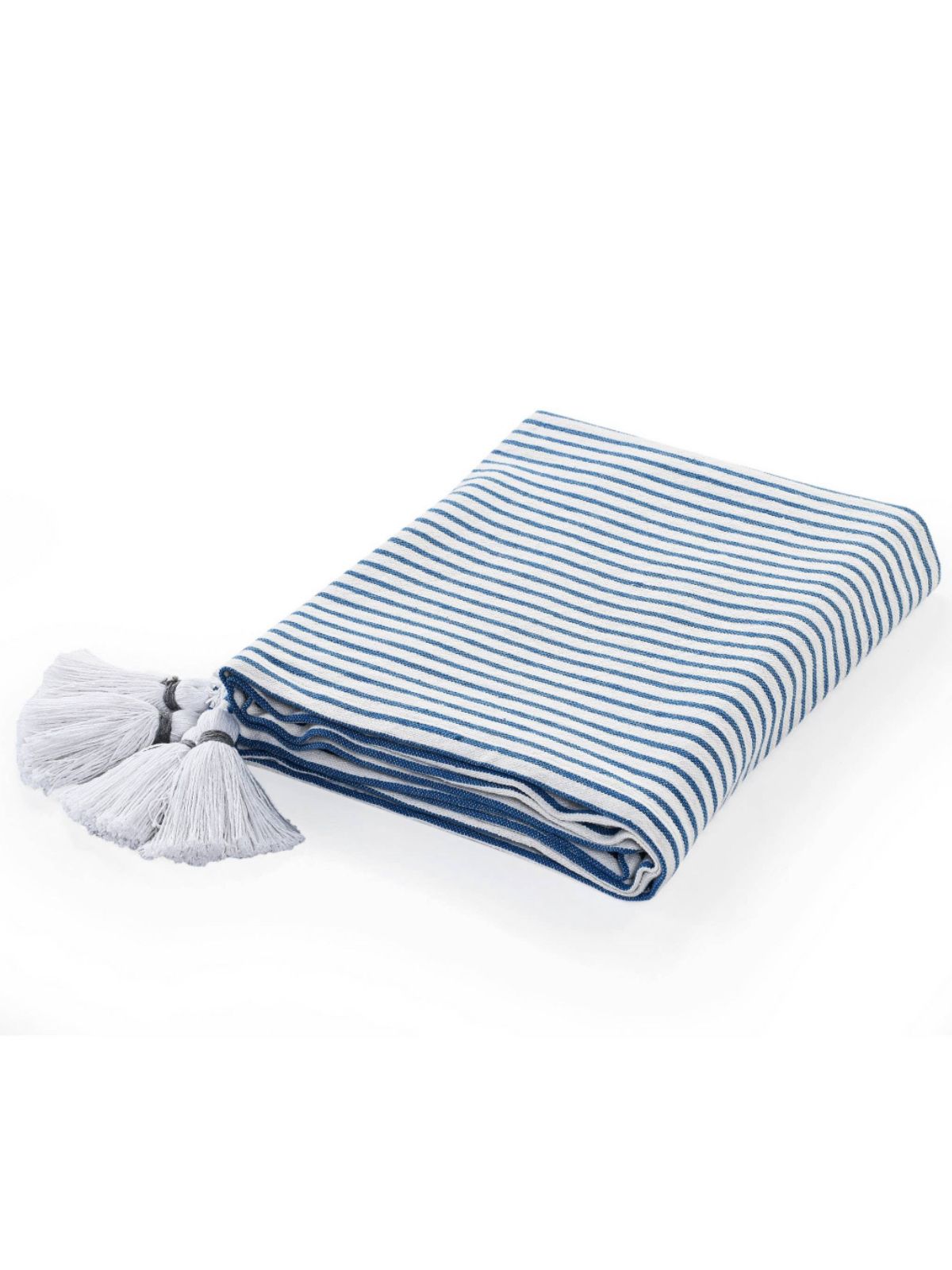 Blue and Ivory Striped 100% Cotton Decorative Throw Blanket with Tassels, 50W x 60L. 