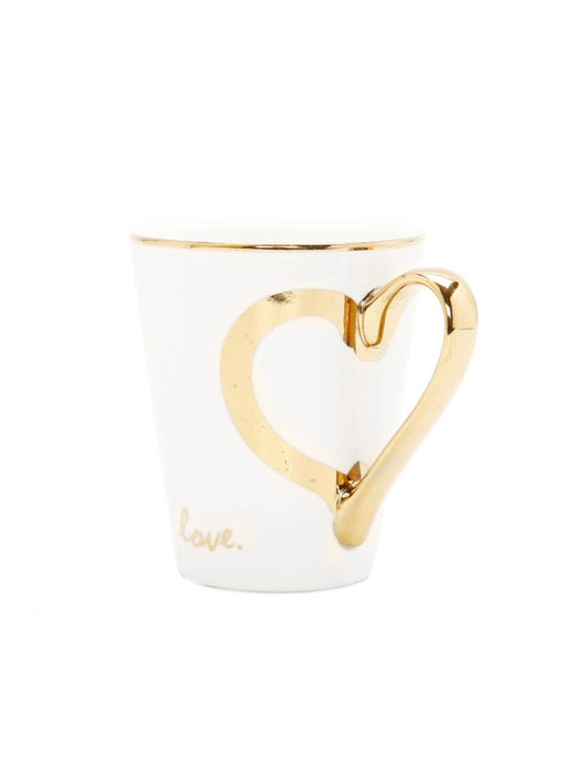 This is a gorgeous white and gold coffee mug with beautiful gold handle. Its heart handle is sure to become loved on your coffee station.  