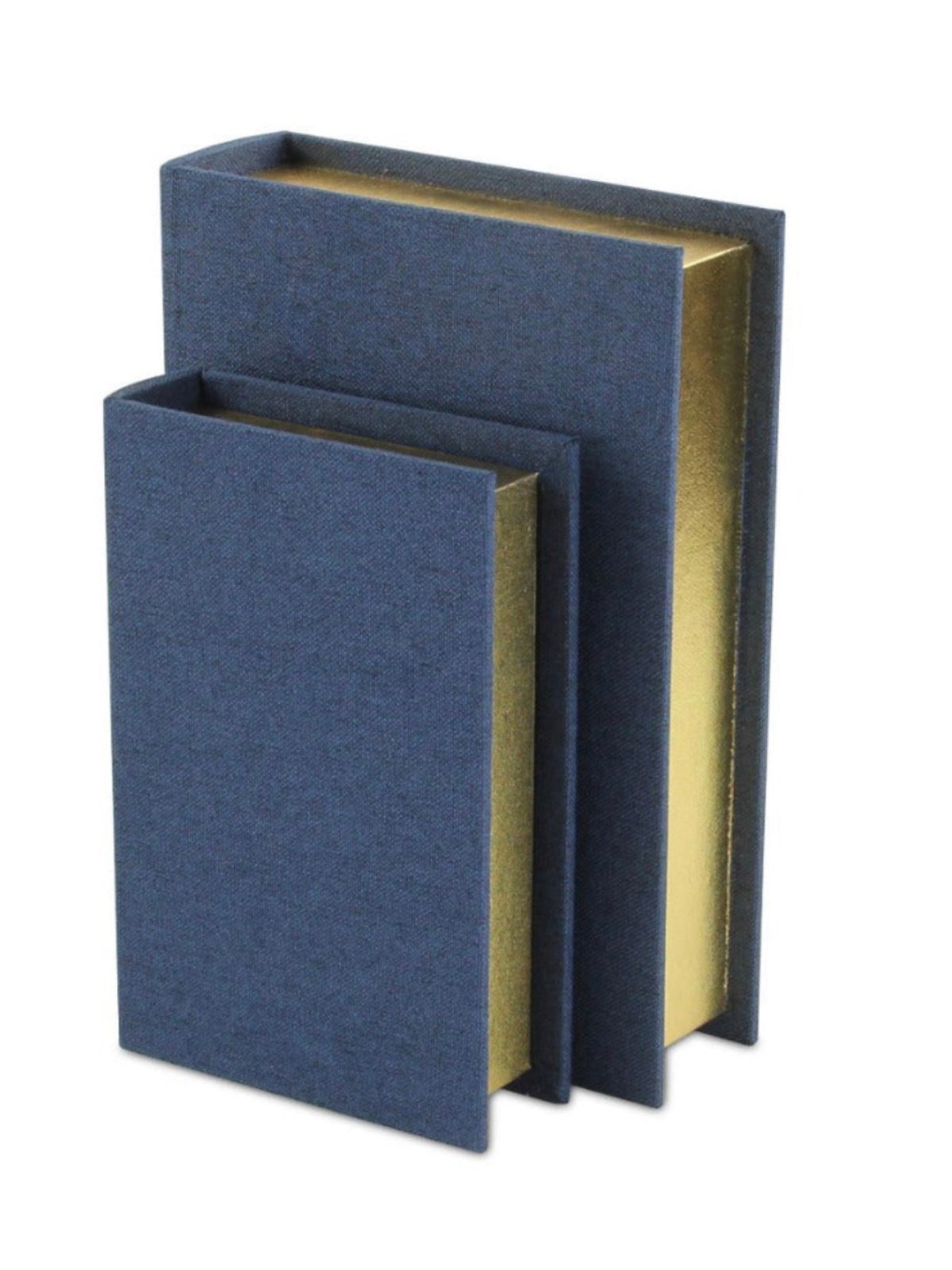 Elevate and complement your aesthetic with an elegant addition that is both functional and stylish. The Isola Di Canter Linen Book Box Set in Navy Blue set spotlights its fabric-themed overlay with a gold-accented body. 