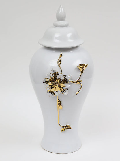 18H White Ceramic Ginger Jar with Gold Flower Design and Removable Lid. Sold by KYA Home Decor.