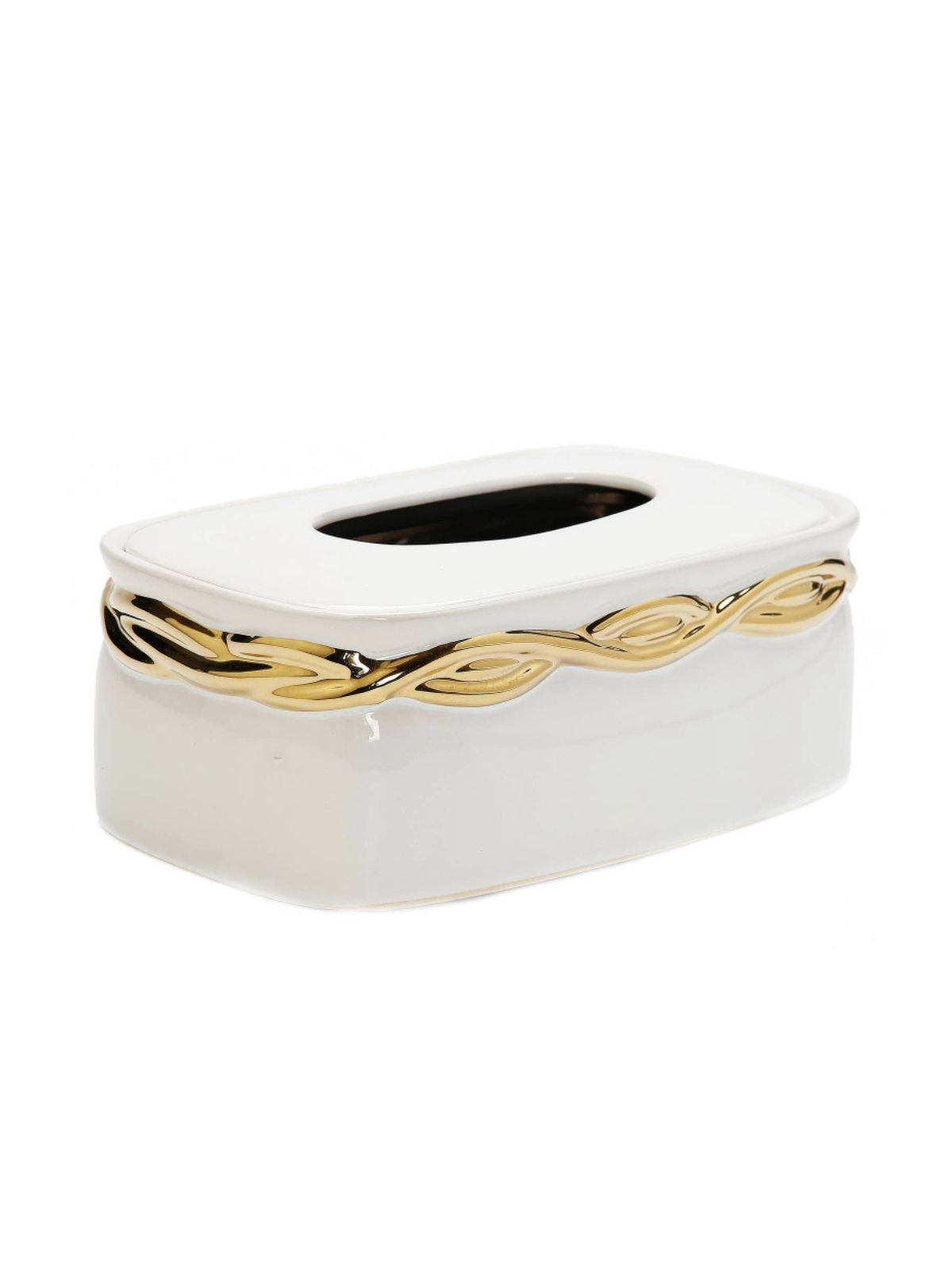 White Ceramic Tissue Box with Stunning Gold Design.
