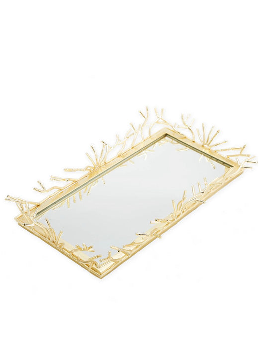 Rectangular Decorative Mirror Tray with Gold Twigs Design, 16L.