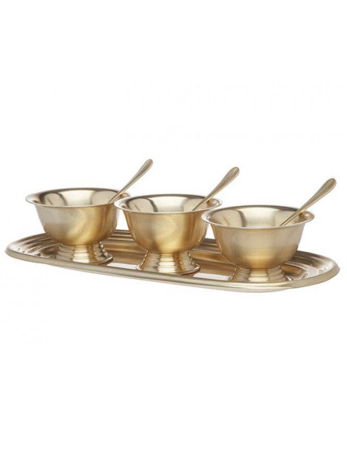 Elevate your serving decor in an luxurious manner with this champagne gold stainless steel 3 bowls set on a rectangle serving tray with elegant spoons to dispense all various foods or sweets From KYA Home Decor