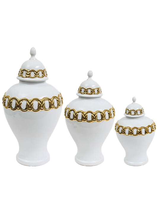 White Ceramic Ginger Jar with Gold Chain Details, Available in 3 Sizes. Sold by KYA Home Decor.