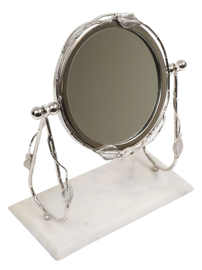 Round Table Mirror with Silver Leaf Design on Marble Base, 4 x 14 inches.