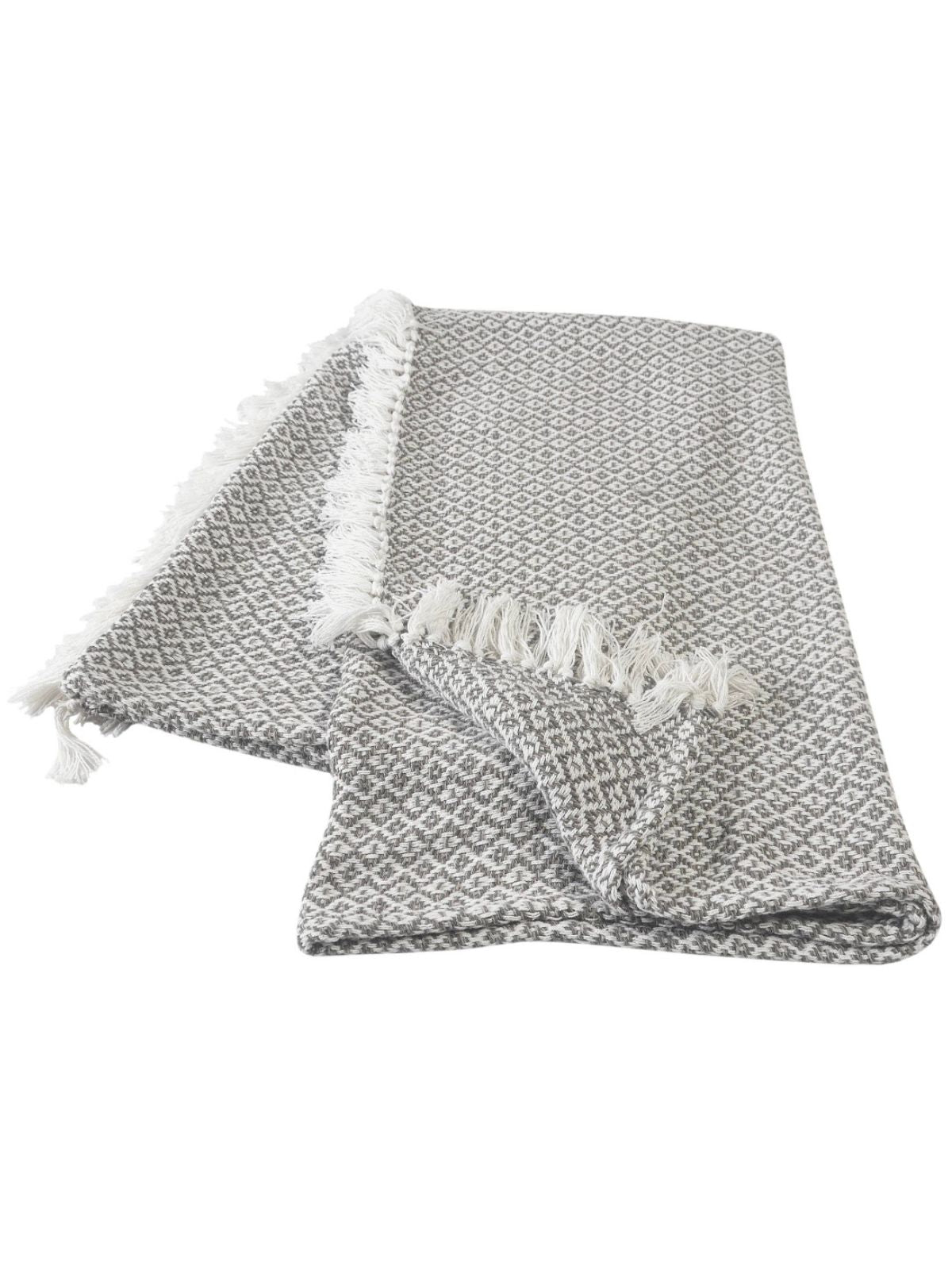 Gray and Ivory Diamond 100% Cotton Lightweight Decorative Throw Blanket with Fringe, 50W x 60L. 