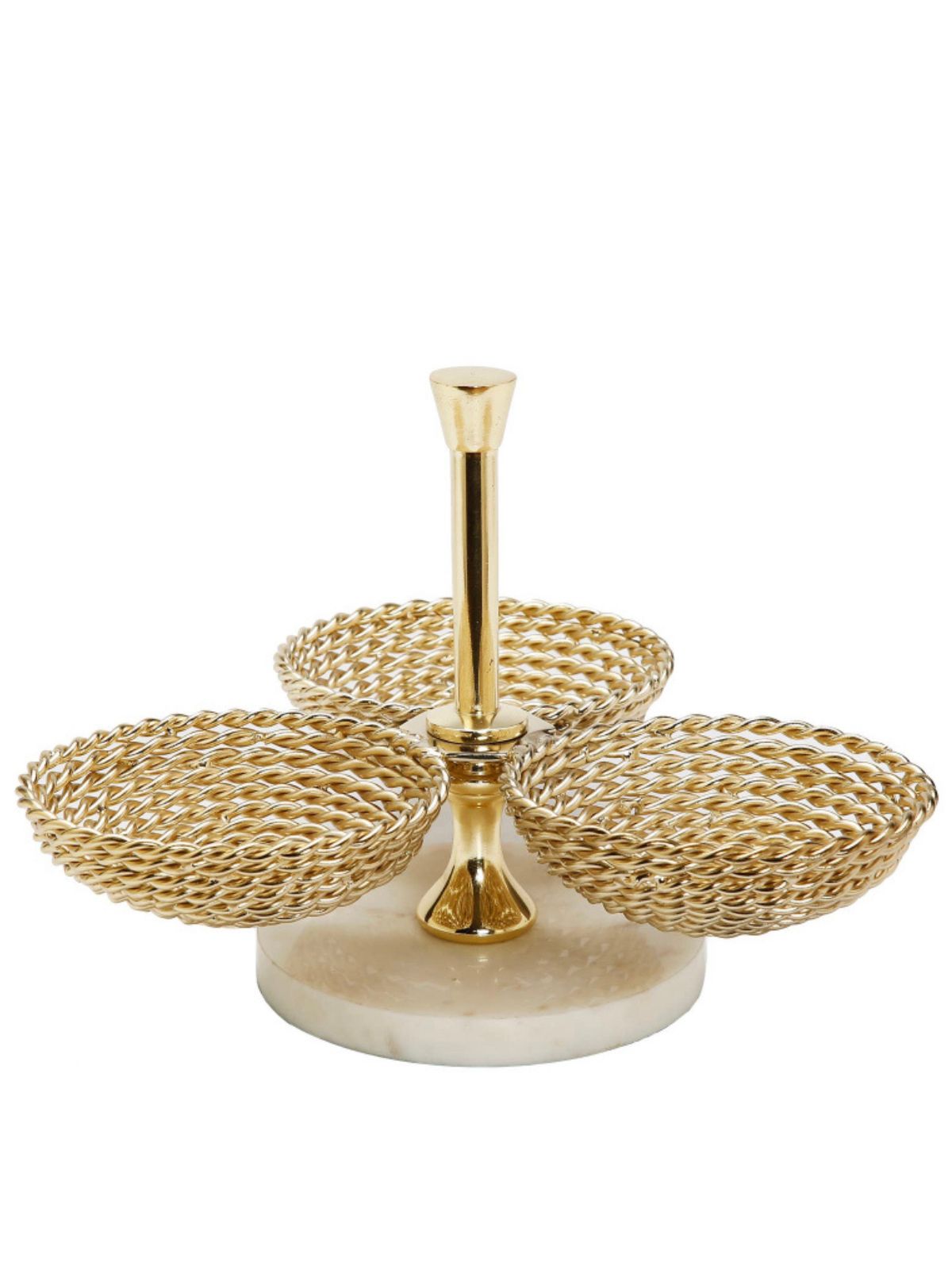 Beautify your table setting with the Cordon Gold Triple Bowl Dish with Marble Base. It is useful as a serving bowl, and can also be enjoyed as a centerpiece dish.