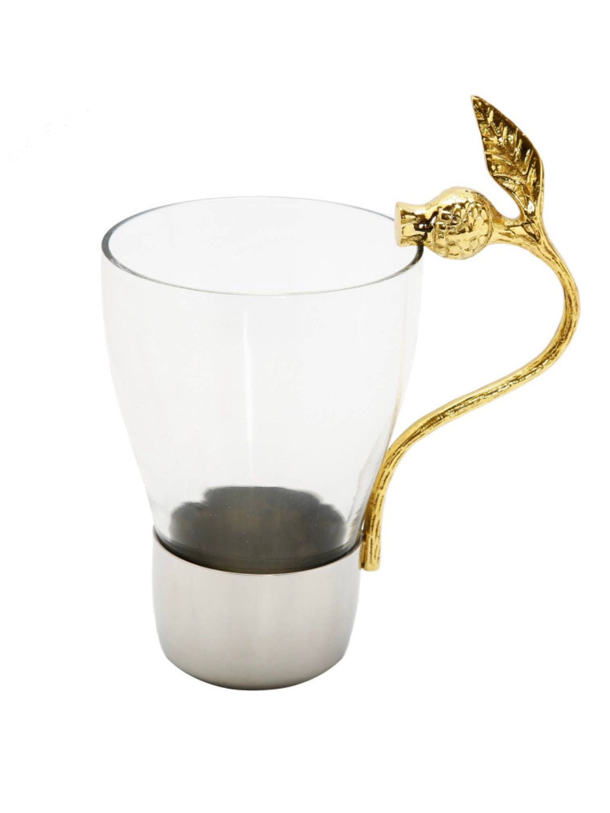 This Beautiful Silver Base Glass Mug Was Designed with An Elegant Gold Pomegranate Handle Available at KYA Home Decor