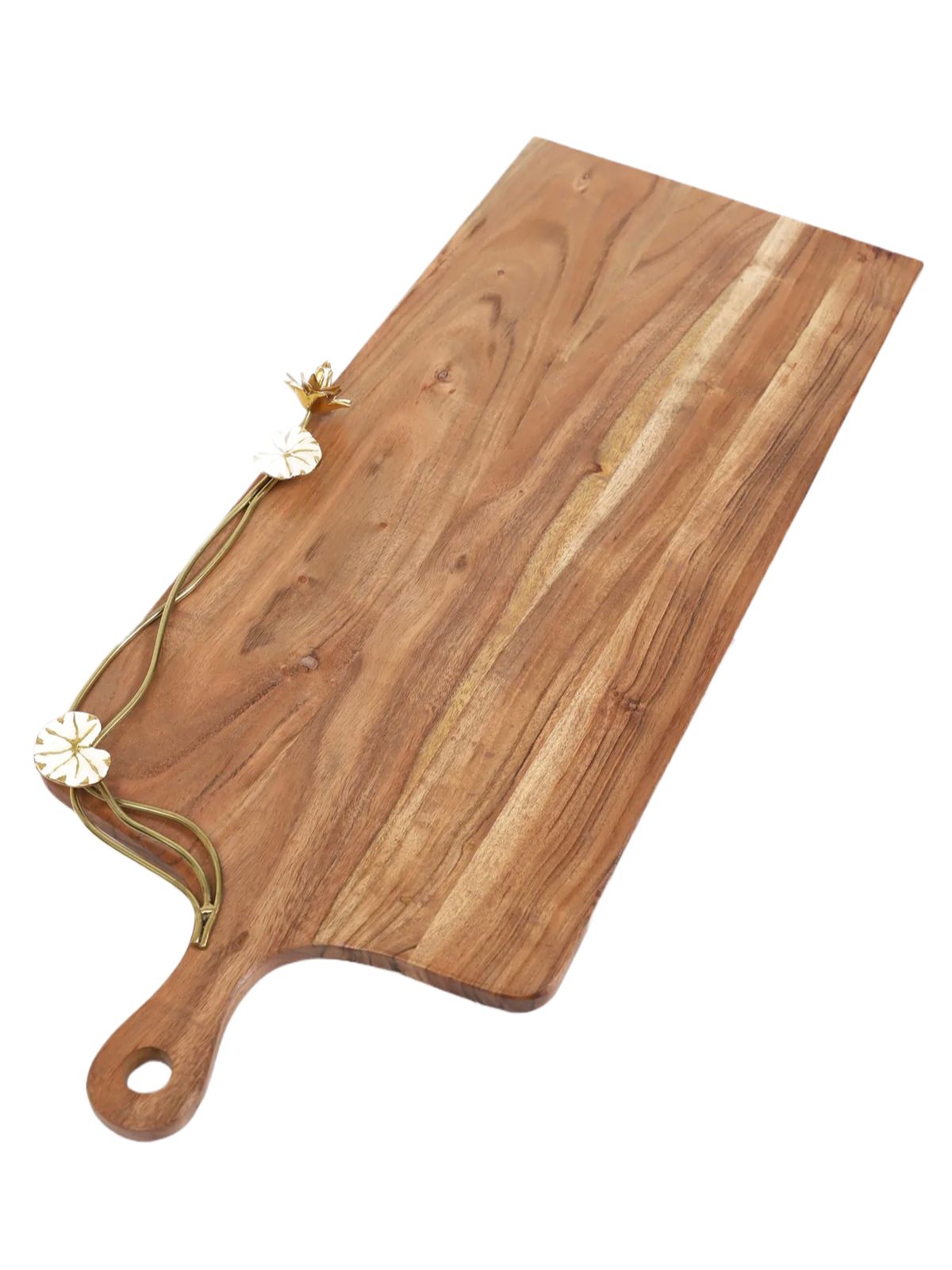 Luxurious Wood Charcuterie Board with White Lotus Flower Design and Handle, 28L X 11W.