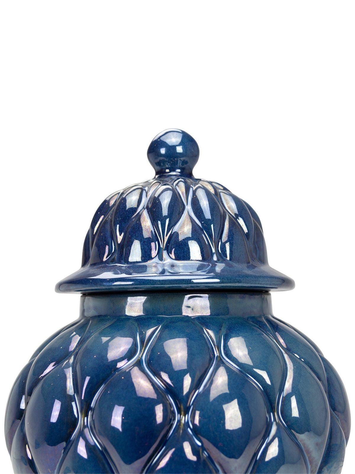 Sapphire Blue Ceramic Ginger Jar with Quilt Pattern and Lid on top, Sold by KYA Home Decor.
