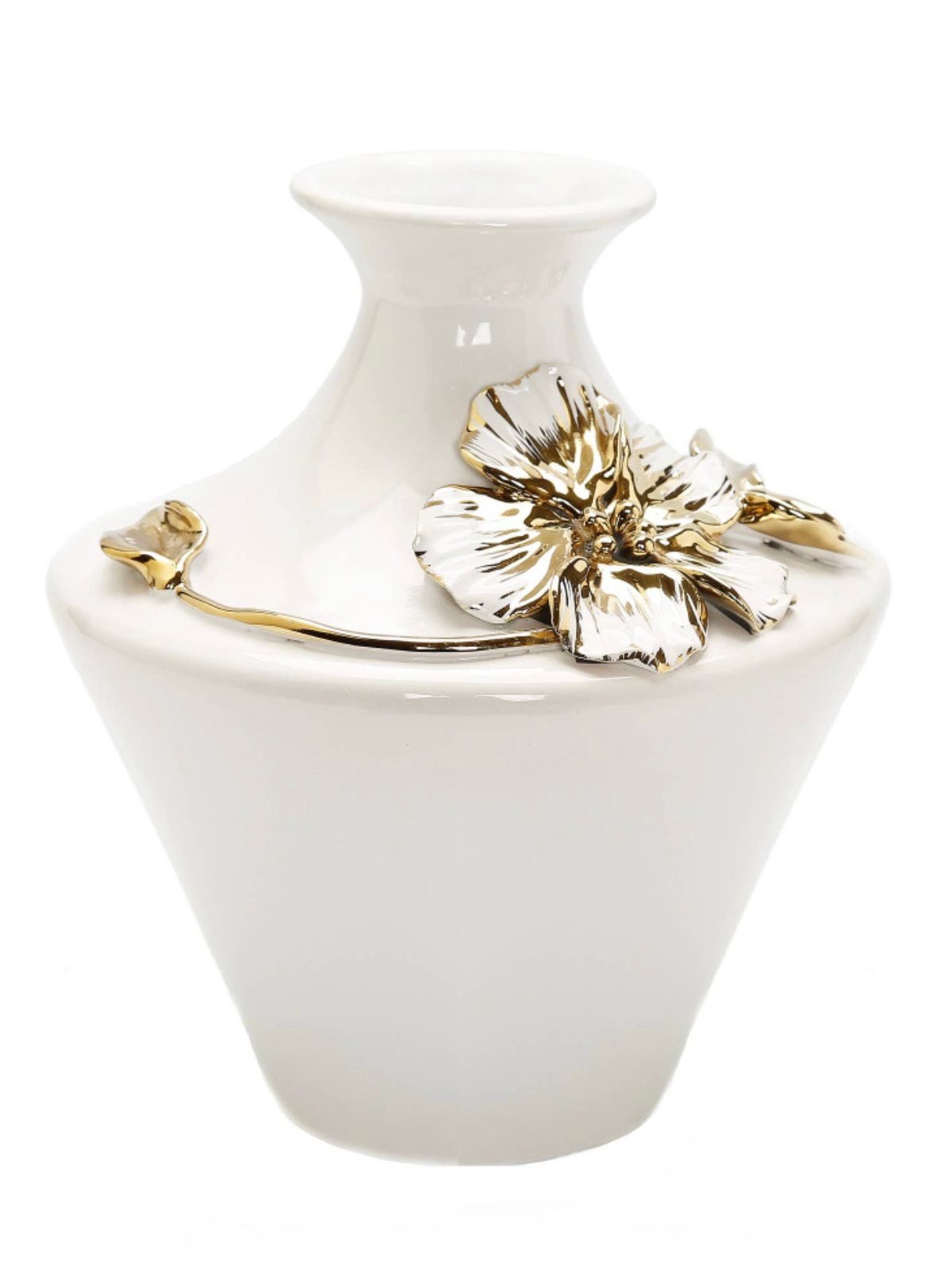 9H White Ceramic Decorative Vase with 3D Luxury Gold Floral Detail, Side View. 
