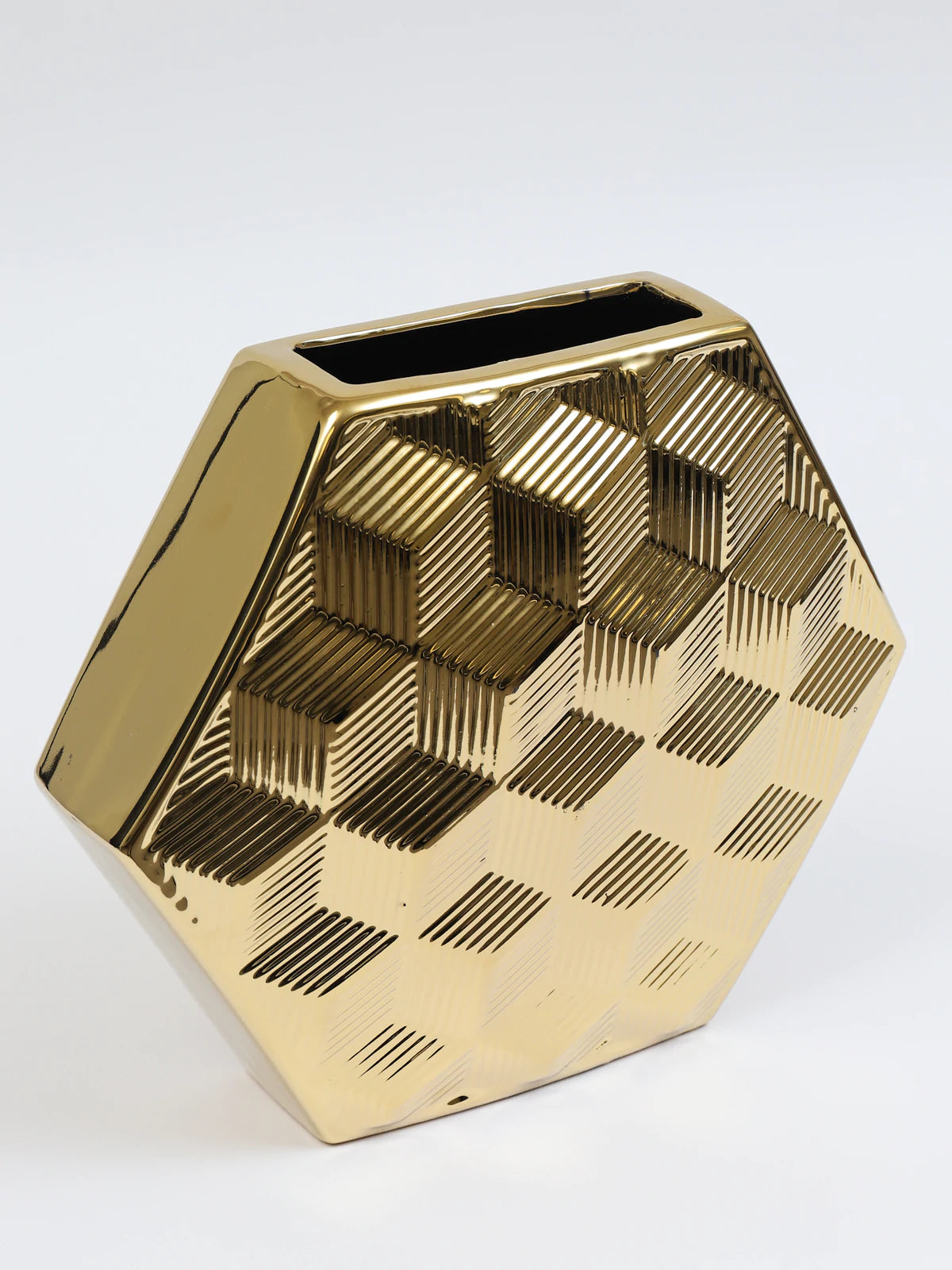 14L Gold Ceramic Decorative Vase with Luxurious Gold Dimensional Hexagon Shape - KYA Home Decor