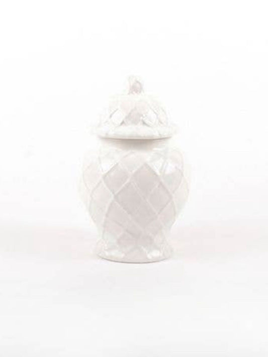 8 inch White Ceramic Ginger Jar with Roped Diamond Design, KYA Home Decor.