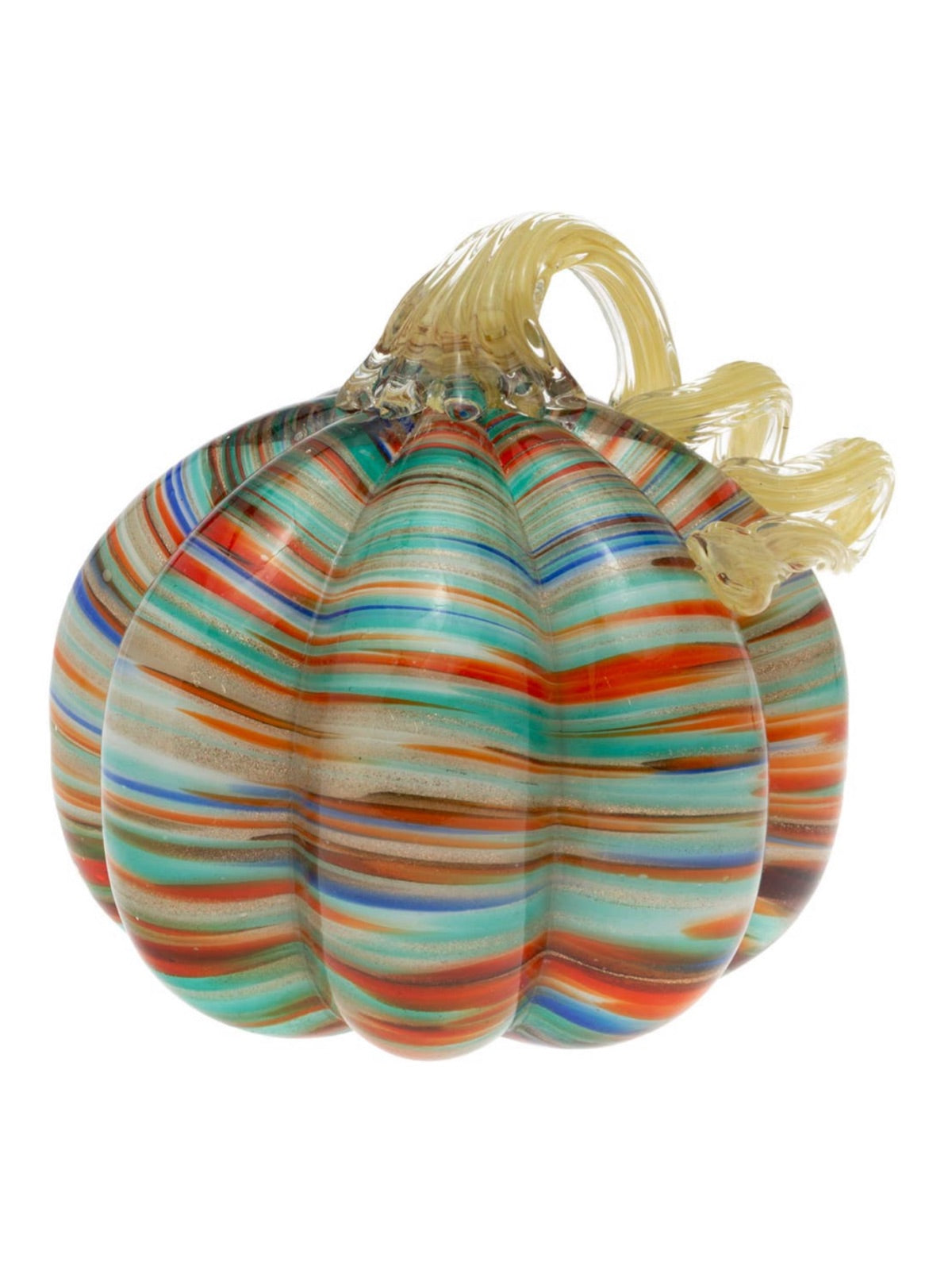 This classic seasonal accent interprets a sunset strip glass pumpkin with gold stem measures. A pretty pumpkin palette for your fall dining and decor.